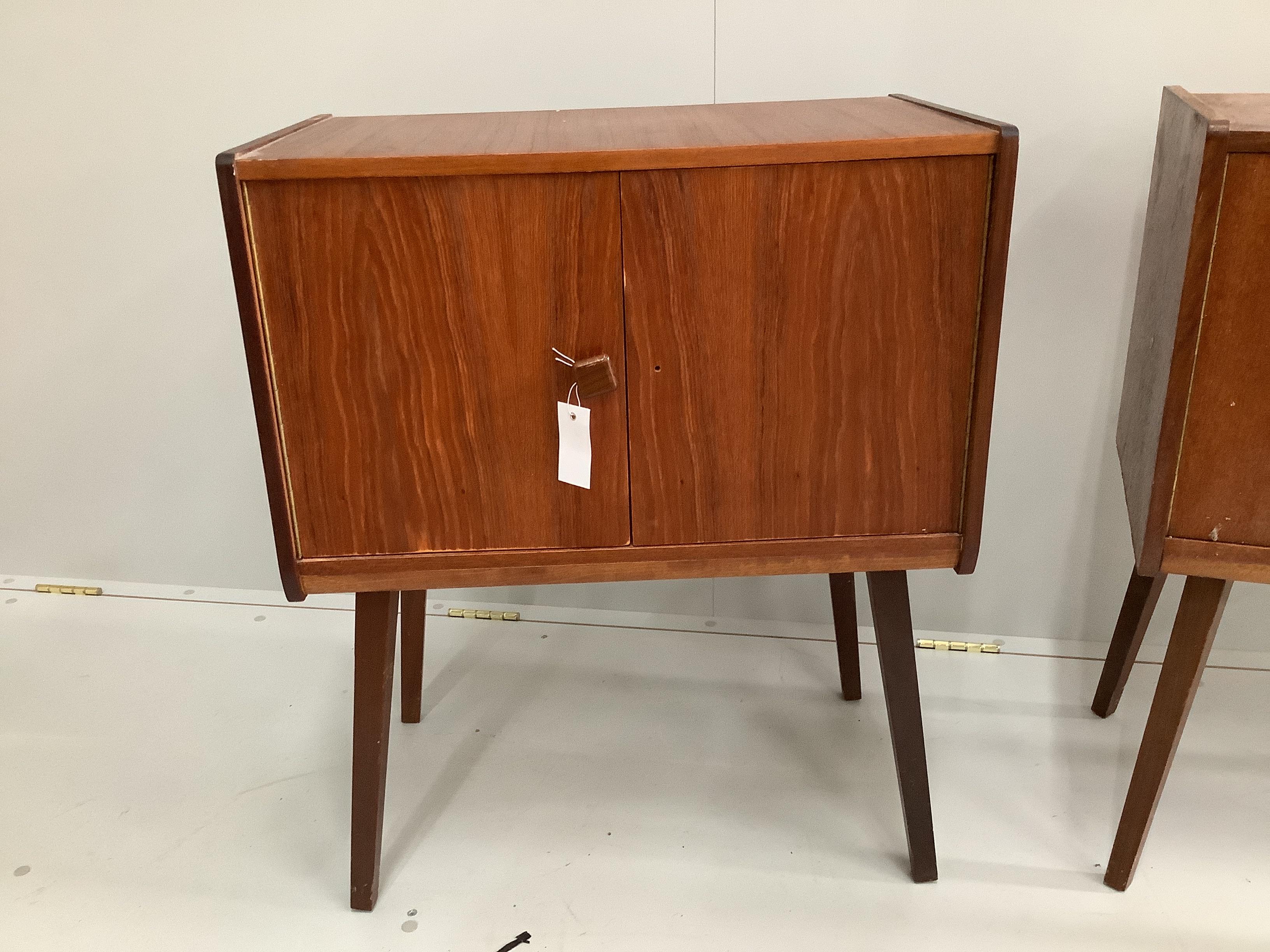 A pair of mid century Danish style teak record cabinets, width 61cm, depth 36cm, height 74cm